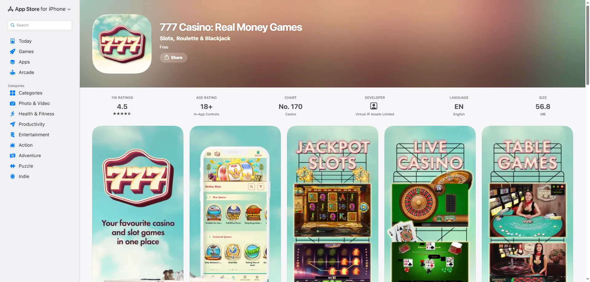 777 Casino online game library — slots, live tables and more