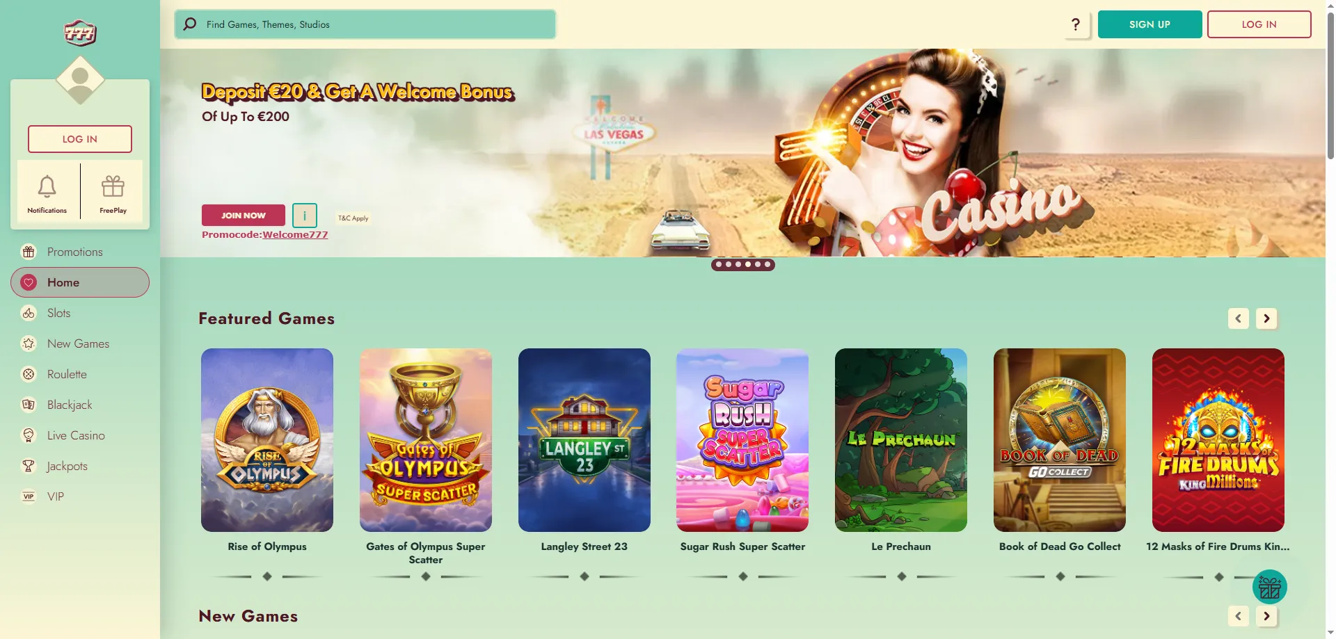 777 Casino game lobby overview — slots, live games, and table games