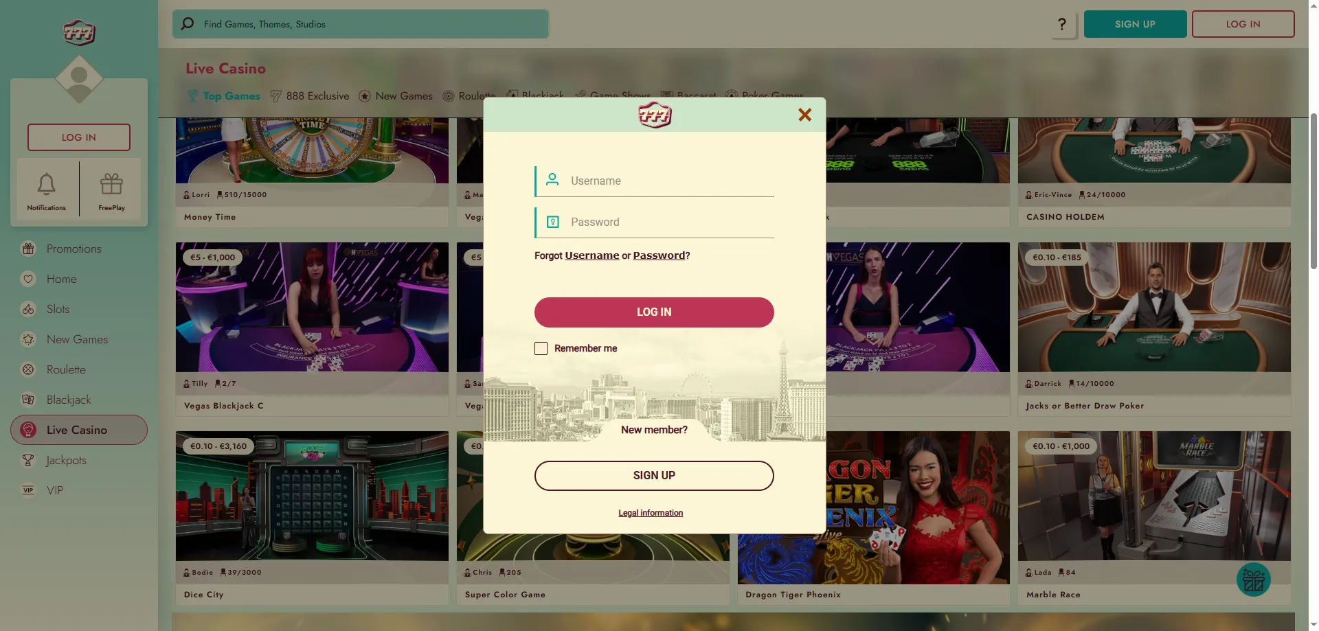 777 Casino account login and game selection screen