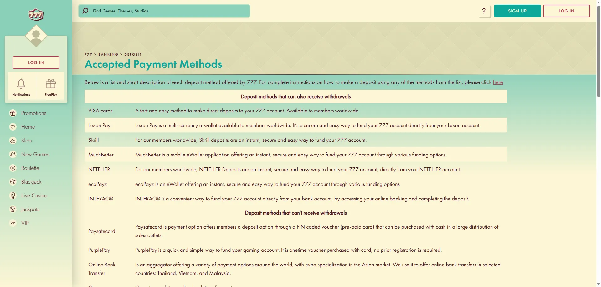 777 Casino deposit and withdrawal payment methods — fast and secure